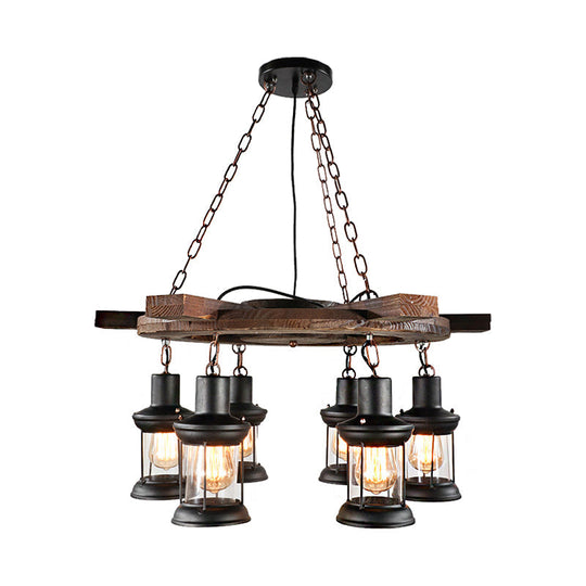 Industrial Clear Glass Lantern Shade Chandelier Pendant Light with 3/6 Bulbs for Dining Room Ceiling in Black