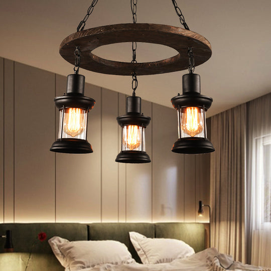 Industrial Clear Glass Lantern Shade Chandelier Pendant Light with 3/6 Bulbs for Dining Room Ceiling in Black