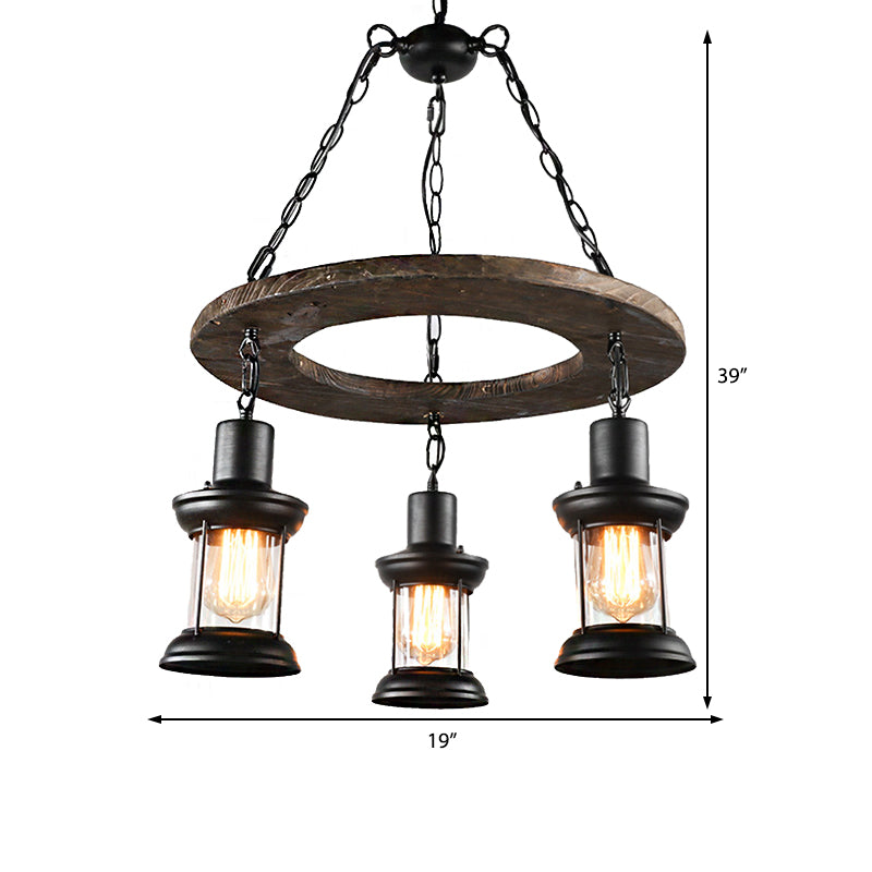 Industrial Clear Glass Lantern Shade Chandelier Pendant Light with 3/6 Bulbs for Dining Room Ceiling in Black