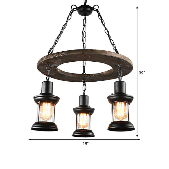 Industrial Clear Glass Lantern Shade Chandelier Pendant Light with 3/6 Bulbs for Dining Room Ceiling in Black