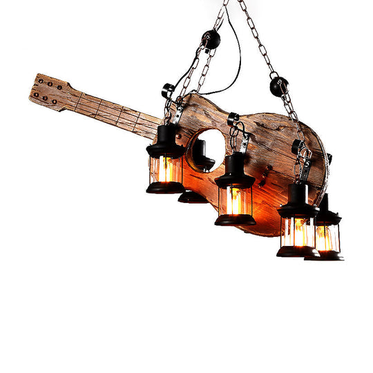 Coastal Brown Lantern Pendant Light With 6-Light Clear Glass Chandelier - Wood Accent For Living