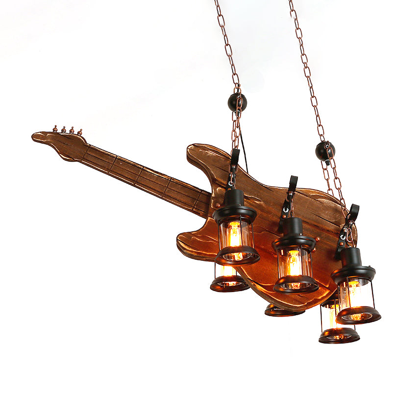 Coastal Brown Lantern Pendant Light With 6-Light Clear Glass Chandelier - Wood Accent For Living