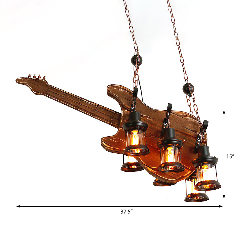 Coastal Brown Lantern Pendant Light With 6-Light Clear Glass Chandelier - Wood Accent For Living