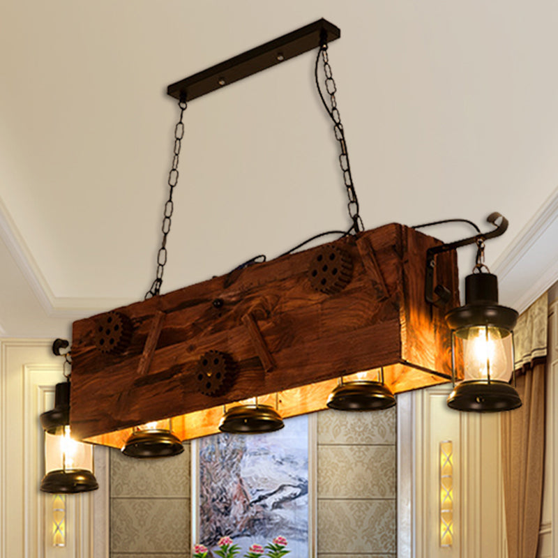 Coastal Black Metal Ceiling Chandelier With Lantern Shades And Fish Print - 6 Bulb For Living Room