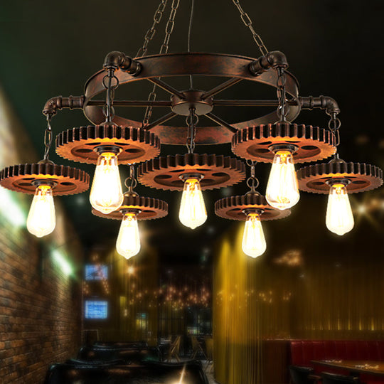 Antique Copper 7-Light Chandelier: Retro Industrial Metal Gear Pendant Lamp Weathered