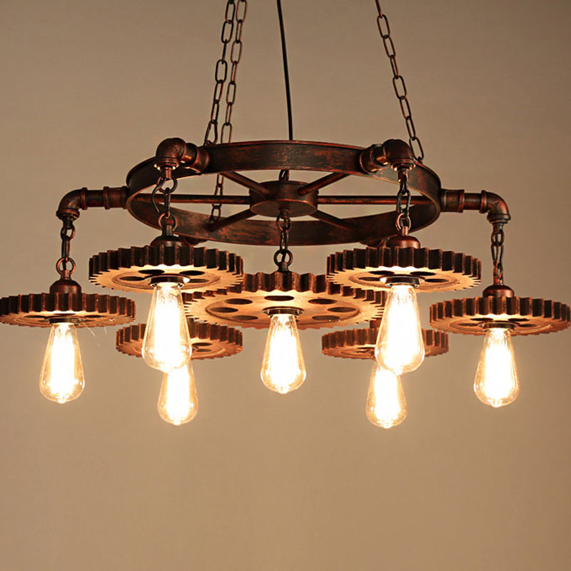 Vintage Copper Chandelier with 7 Lights - Retro Industrial Pendant Lamp in Gear Shape