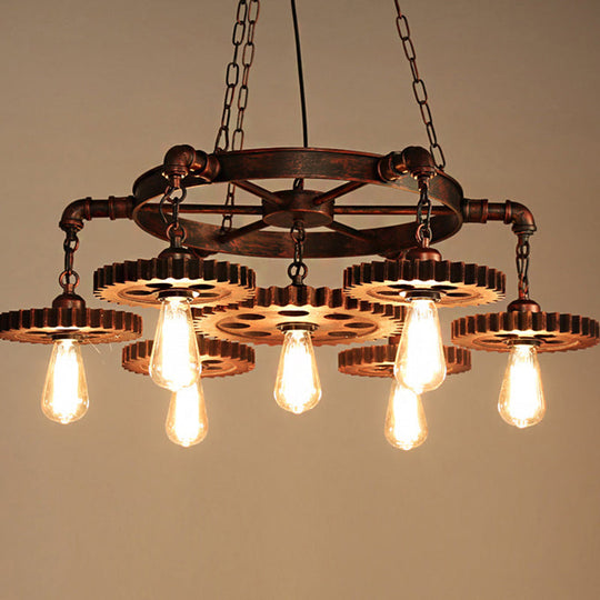 Antique Copper 7-Light Chandelier: Retro Industrial Metal Gear Pendant Lamp