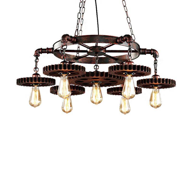 Antique Copper 7-Light Chandelier: Retro Industrial Metal Gear Pendant Lamp