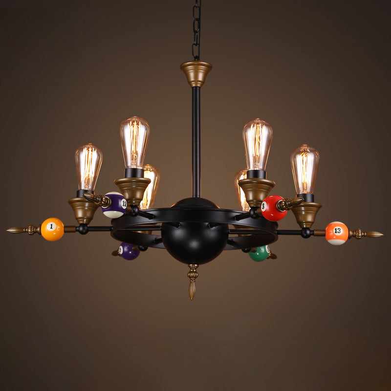 Industrial Metal Chandelier with Exposed Bulb - 4/6 Light Pendant Lighting for Dining Room in Black with Wheel Shelf