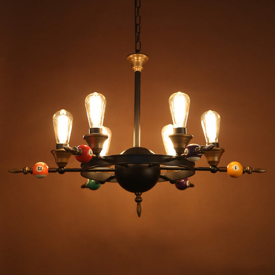 Industrial Metal Chandelier Lighting - Exposed Bulb 4/6 Light Pendant In Black With Wheel Shelf