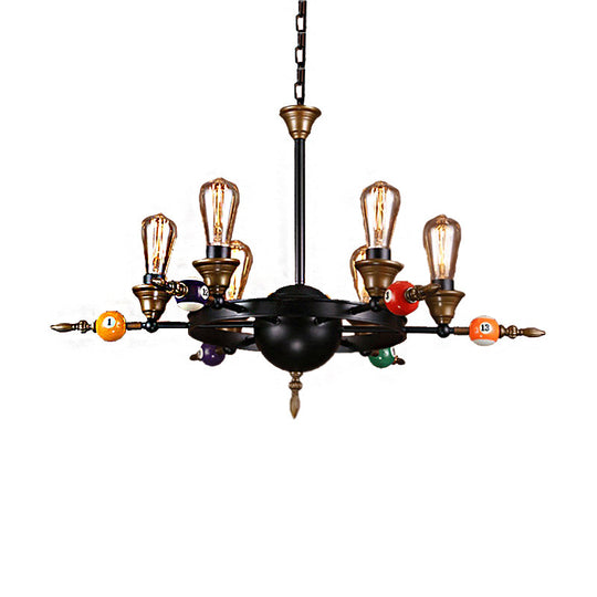 Industrial Metal Chandelier with Exposed Bulb - 4/6 Light Pendant Lighting for Dining Room in Black with Wheel Shelf