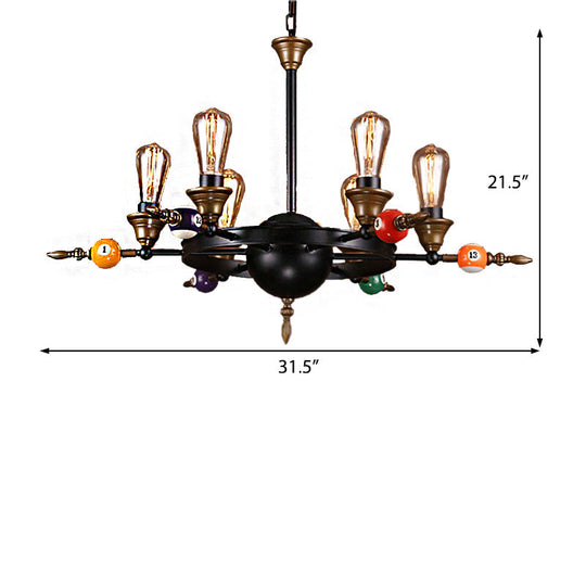 Industrial Metal Chandelier with Exposed Bulb - 4/6 Light Pendant Lighting for Dining Room in Black with Wheel Shelf