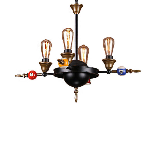 Industrial Metal Chandelier Lighting - Exposed Bulb 4/6 Light Pendant In Black With Wheel Shelf