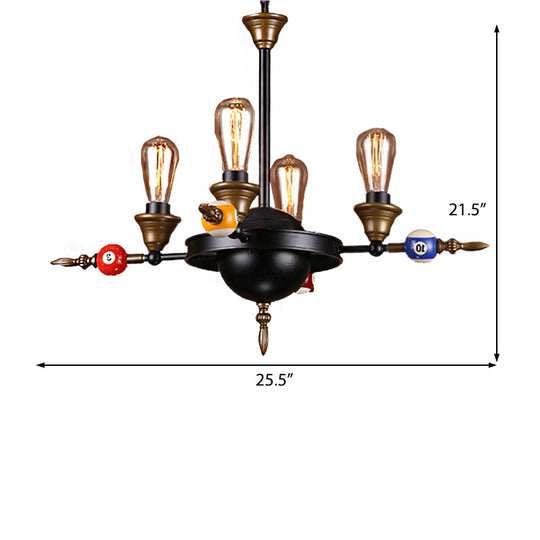 Industrial Metal Chandelier with Exposed Bulb - 4/6 Light Pendant Lighting for Dining Room in Black with Wheel Shelf