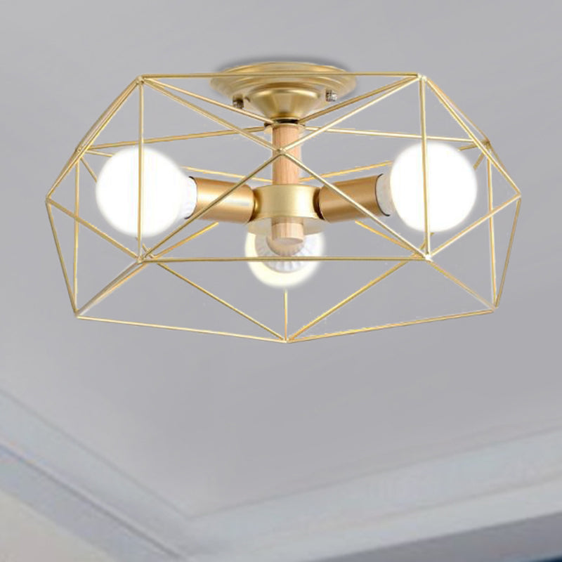 Opal Glass Geometric Semi Flush Gold Light Fixture For Industrial Bedroom - 3/4/5 Lights