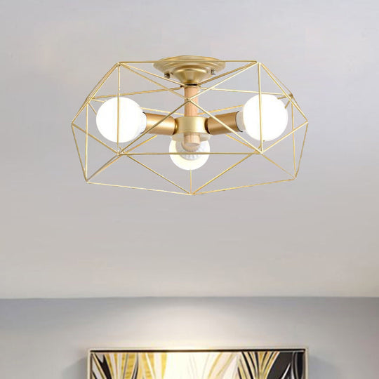 Opal Glass Geometric Semi Flush Gold Light Fixture for Industrial Bedroom - 3/4/5 Lights