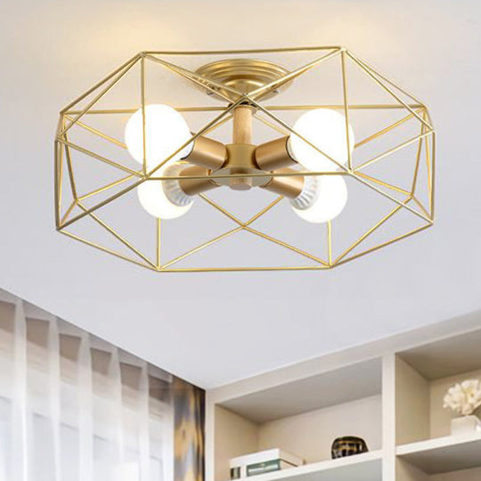 Opal Glass Geometric Semi Flush Gold Light Fixture for Industrial Bedroom - 3/4/5 Lights