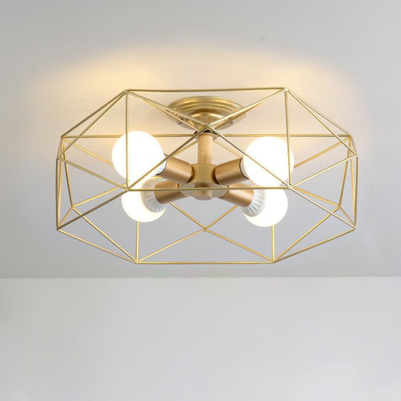 Opal Glass Geometric Semi Flush Gold Light Fixture for Industrial Bedroom - 3/4/5 Lights