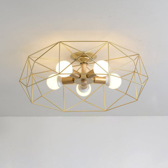 Opal Glass Geometric Semi Flush Gold Light Fixture for Industrial Bedroom - 3/4/5 Lights