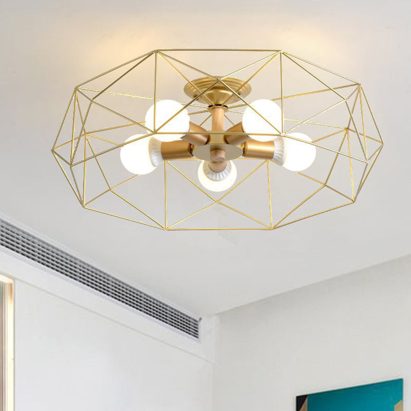 Opal Glass Geometric Semi Flush Gold Light Fixture for Industrial Bedroom - 3/4/5 Lights