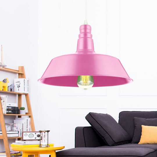 Industrial Style Metal Barn Pendant Lighting - 10/14 Inch Wide 1-Bulb Adjustable Cord Pink/Yellow