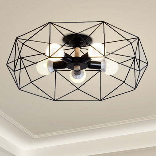 Caged Opal Glass Semi Mount Industrial Ceiling Light In Black/White - 3/4/5 Bulb Living Room