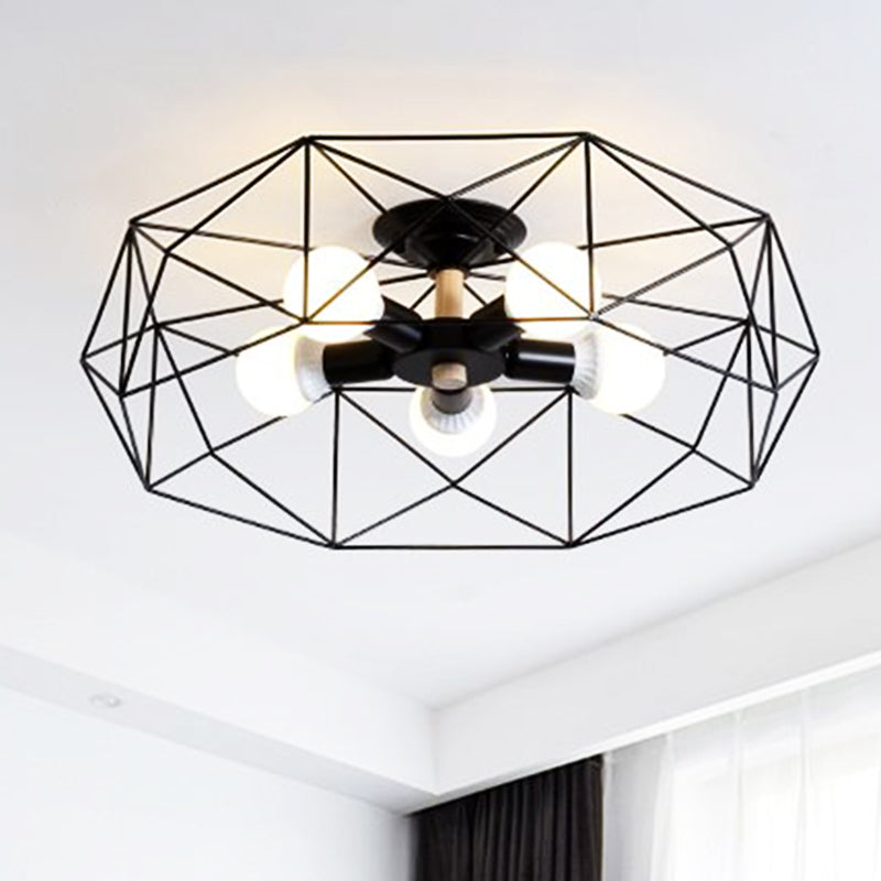 Caged Opal Glass Semi Mount Industrial Ceiling Light in Black/White - 3/4/5 Bulb Living Room Lighting