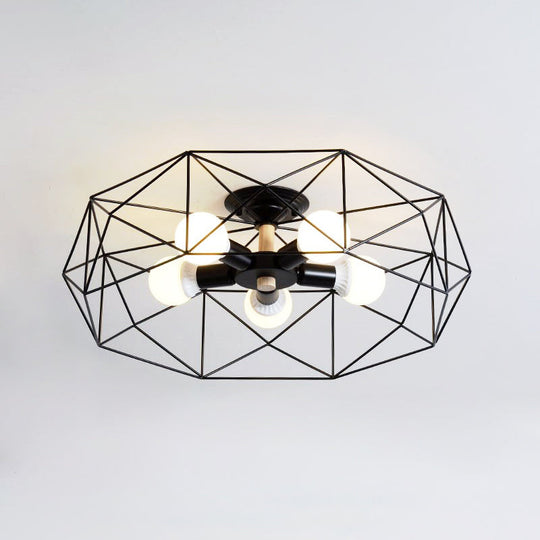 Caged Opal Glass Semi Mount Industrial Ceiling Light in Black/White - 3/4/5 Bulb Living Room Lighting