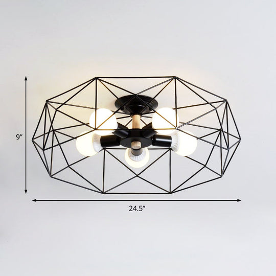 Caged Opal Glass Semi Mount Industrial Ceiling Light In Black/White - 3/4/5 Bulb Living Room