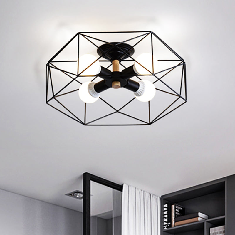 Caged Opal Glass Semi Mount Industrial Ceiling Light in Black/White - 3/4/5 Bulb Living Room Lighting