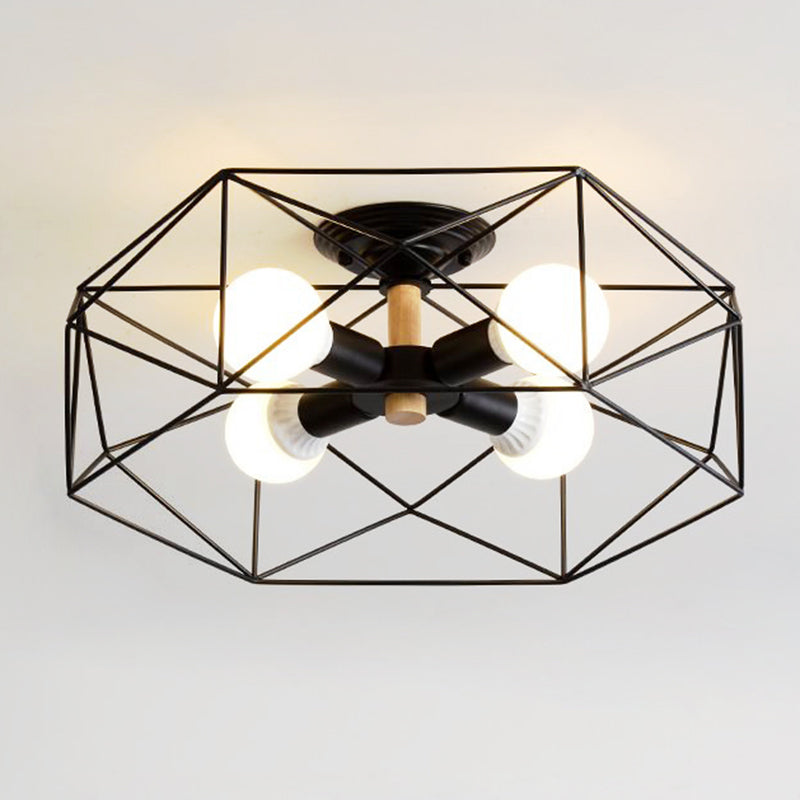 Caged Opal Glass Semi Mount Industrial Ceiling Light in Black/White - 3/4/5 Bulb Living Room Lighting