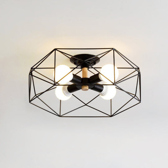 Caged Opal Glass Semi Mount Industrial Ceiling Light in Black/White - 3/4/5 Bulb Living Room Lighting