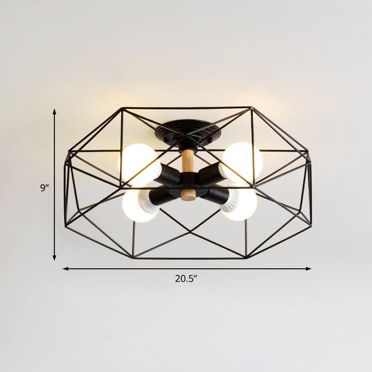 Caged Opal Glass Semi Mount Industrial Ceiling Light in Black/White - 3/4/5 Bulb Living Room Lighting