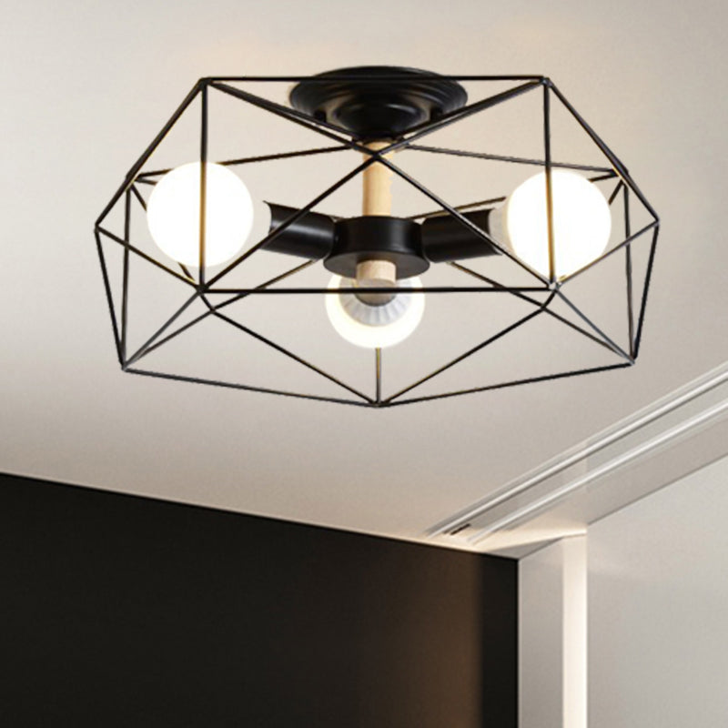 Caged Opal Glass Semi Mount Industrial Ceiling Light in Black/White - 3/4/5 Bulb Living Room Lighting