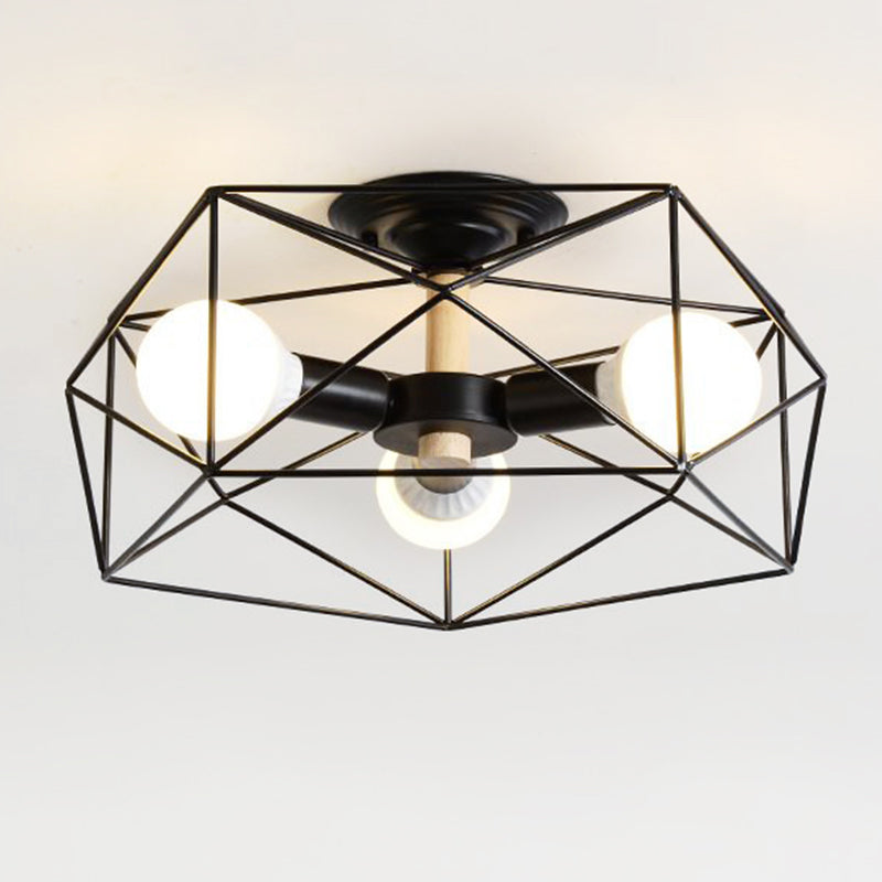 Caged Opal Glass Semi Mount Industrial Ceiling Light in Black/White - 3/4/5 Bulb Living Room Lighting