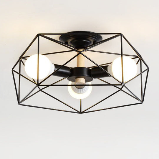 Caged Opal Glass Semi Mount Industrial Ceiling Light In Black/White - 3/4/5 Bulb Living Room