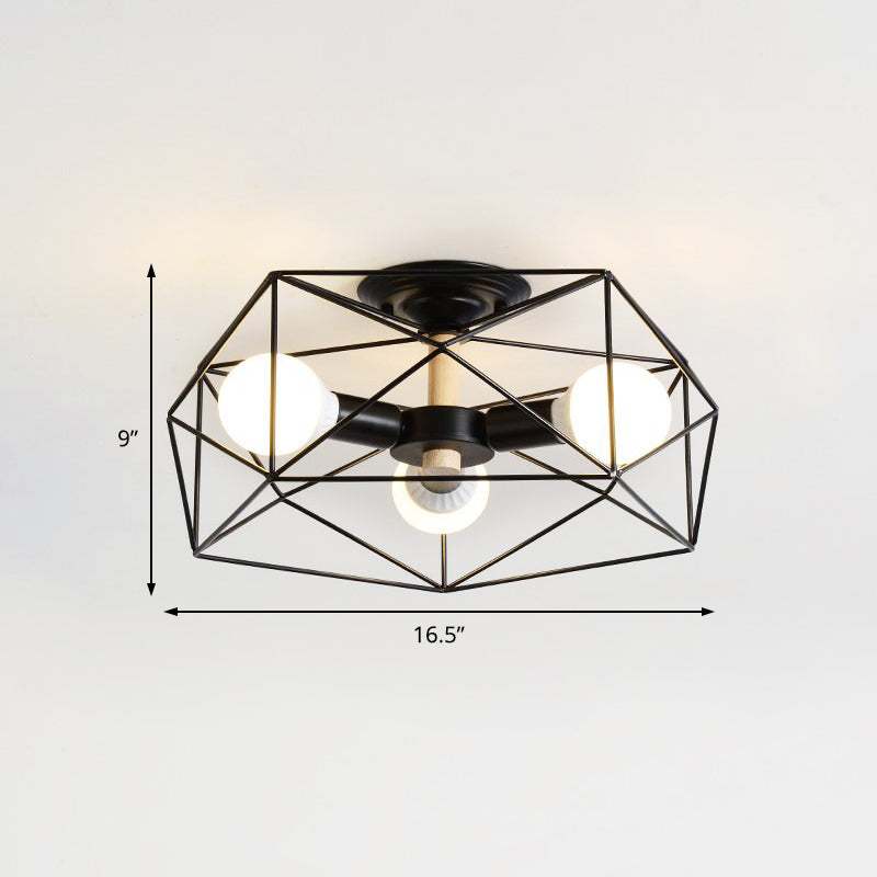 Caged Opal Glass Semi Mount Industrial Ceiling Light in Black/White - 3/4/5 Bulb Living Room Lighting