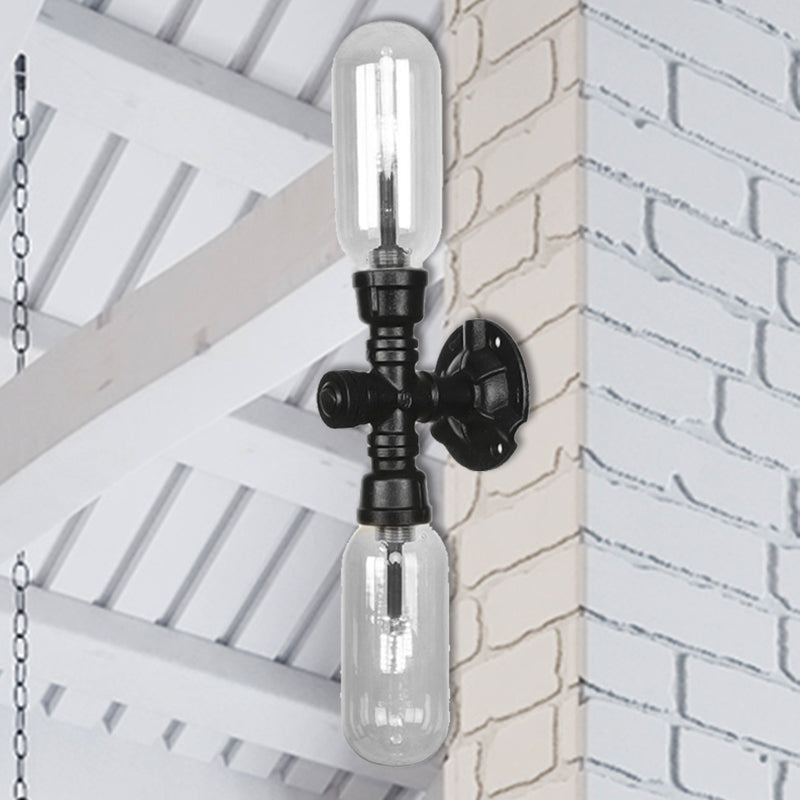 Industrial Wall Mounted Pipe Lighting With Clear Glass Black Sconce & Dual Or Quadruple Light