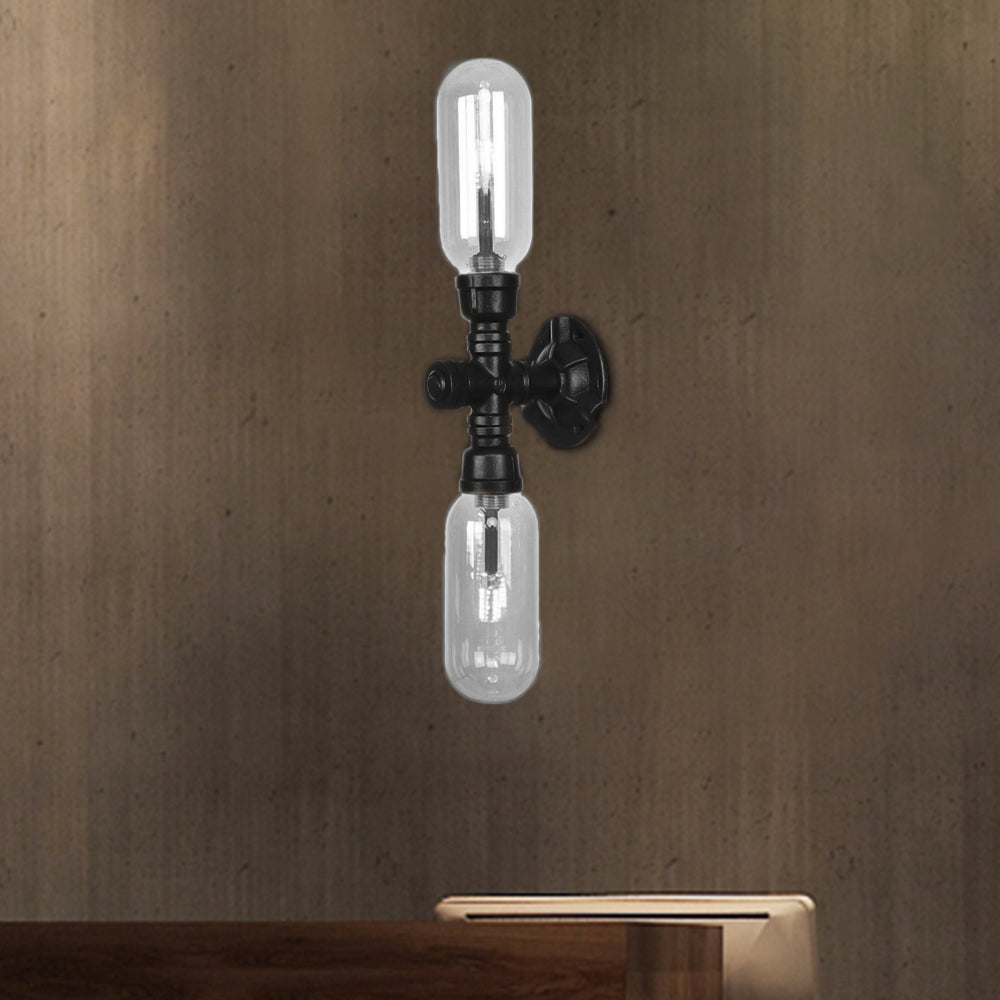 Industrial Wall Mounted Pipe Lighting With Clear Glass Black Sconce & Dual Or Quadruple Light