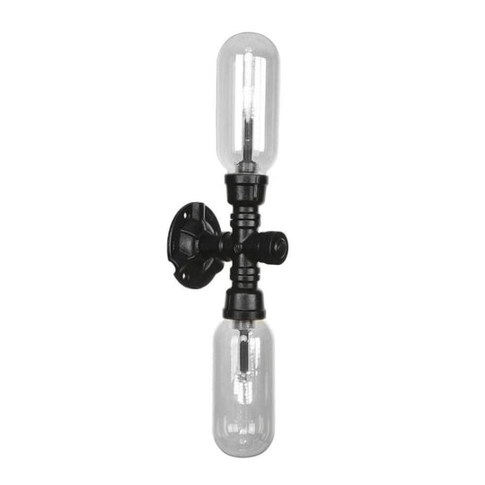 Industrial Wall Mounted Pipe Lighting With Clear Glass Black Sconce & Dual Or Quadruple Light