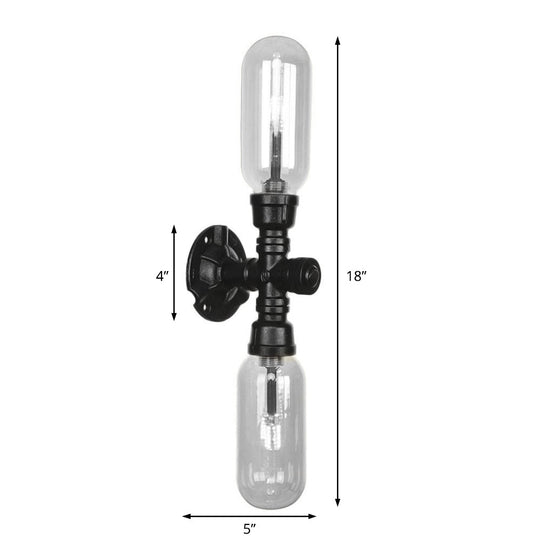 Industrial Wall Mounted Pipe Lighting With Clear Glass Black Sconce & Dual Or Quadruple Light