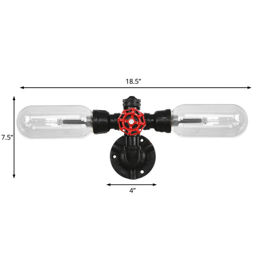 Industrial Wall Mounted Pipe Lighting With Clear Glass Black Sconce & Dual Or Quadruple Light