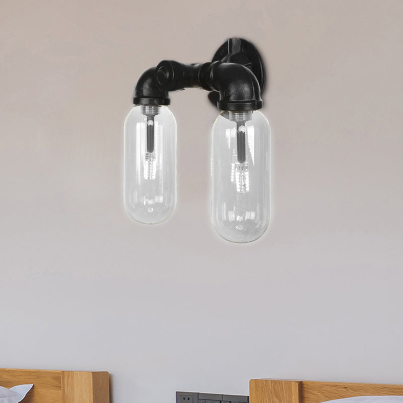 Industrial 2-Light Metal Sconce With Oval Shade And Wall Mount In Black - Perfect For Bedroom