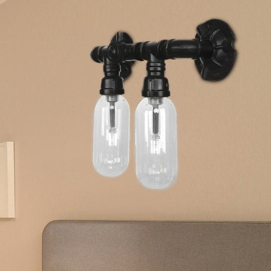 Industrial 2-Light Metal Sconce With Oval Shade And Wall Mount In Black - Perfect For Bedroom