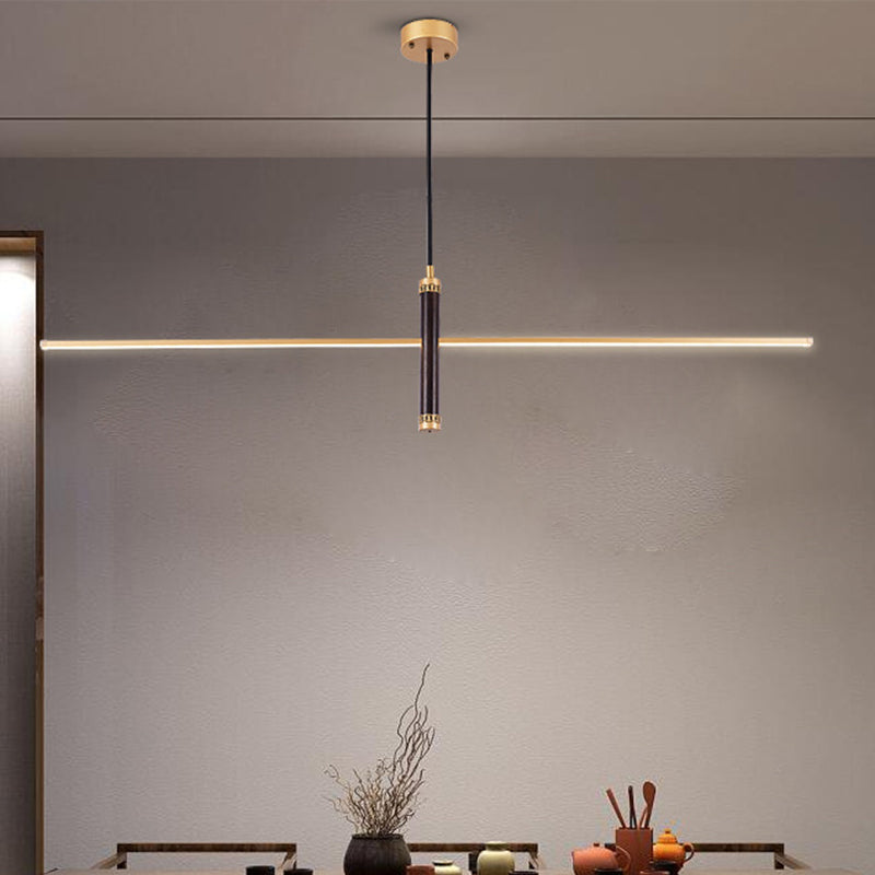 Antique Black/Wood Linear Pendant Light Kit - LED Hanging Fixture for Study Room - 31.5"/47" Wide