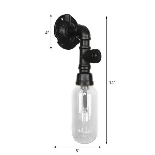 Single Bulb Industrial Wall Sconce With Clear Glass Shade And Black Pipe Mount