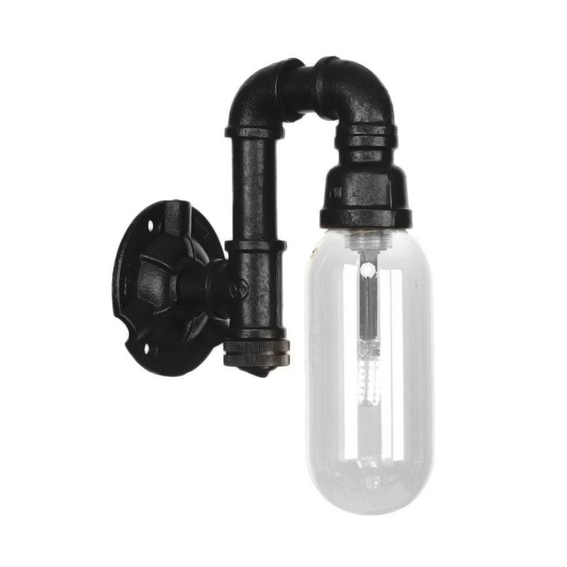 Single Bulb Industrial Wall Sconce With Clear Glass Shade And Black Pipe Mount