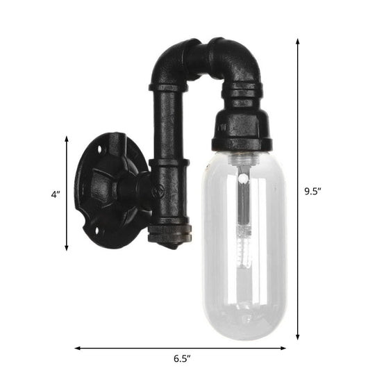 Single Bulb Industrial Wall Sconce With Clear Glass Shade And Black Pipe Mount