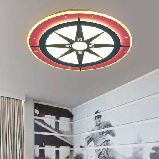 Kids Cartoon Compass LED Flush Mount Light: Red Acrylic Ceiling Lamp for Nurseries