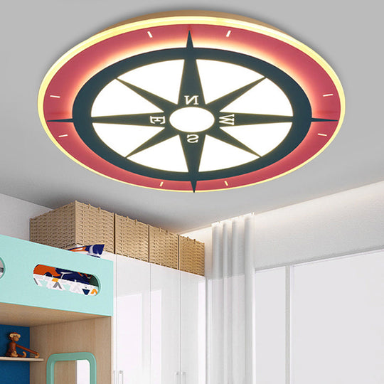 Kids Cartoon Compass LED Flush Mount Light: Red Acrylic Ceiling Lamp for Nurseries